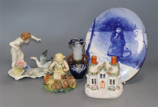 A Doulton Blue Children plaque, miniature vase, two figurines and a Staffordshire burner